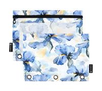 ALAZA Blue Iris Floral 3 Ring Binder Pouch Zipper Pencil Case 2 Pack Pen Stationery Bag with Clear Window for Kids School Office