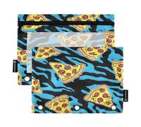 ALAZA Blue Tiger Stripe Pizza Print 3 Ring Binder Pouch Zipper Pencil Case 2 Pack Pen Stationery Bag with Clear Window for Kids School Office