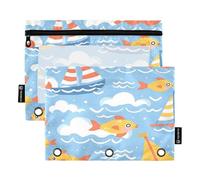 ALAZA Boat Ship Fish Cute 3 Ring Binder Pouch Zipper Pencil Case 2 Pack Pen Stationery Bag with Clear Window for Kids School Office