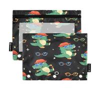 ALAZA Cartoon Crocodile Glasses 3 Ring Binder Pouch Zipper Pencil Case 2 Pack Pen Stationery Bag with Clear Window for Kids School Office