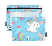 ALAZA Cartoon Rabbit Rainbow 3 Ring Binder Pouch Zipper Pencil Case 2 Pack Pen Stationery Bag with Clear Window for Kids School Office