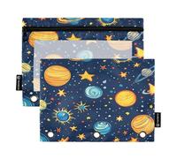 ALAZA Cartoon Space Planet 3 Ring Binder Pouch Zipper Pencil Case 2 Pack Pen Stationery Bag with Clear Window for Kids School Office