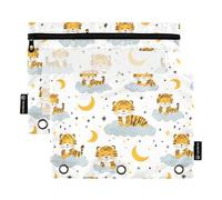 ALAZA Cartoon Tiger and Moon 3 Ring Binder Pouch Zipper Pencil Case 2 Pack Pen Stationery Bag with Clear Window for Kids School Office