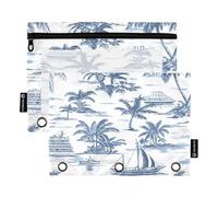 ALAZA Coconut Tree Boat Blue 3 Ring Binder Pouch Zipper Pencil Case 2 Pack Pen Stationery Bag with Clear Window for Kids School Office