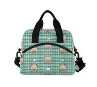 ALAZA Cute Bear Green Plaid Insulated Lunch Bag Large Capacity Lunch Box Tote Bag Portable Cool Bag for Kids Girls Boys Adults School Picnic Travel