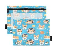 ALAZA Cute Corgi Space Planet 3 Ring Binder Pouch Zipper Pencil Case 2 Pack Pen Stationery Bag with Clear Window for Kids School Office