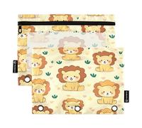 ALAZA Cute Lion Cactus 3 Ring Binder Pouch Zipper Pencil Case 2 Pack Pen Stationery Bag with Clear Window for Kids School Office