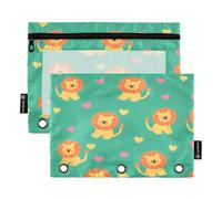 ALAZA Cute Lion Heart Green 3 Ring Binder Pouch Zipper Pencil Case 2 Pack Pen Stationery Bag with Clear Window for Kids School Office