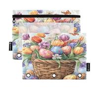 ALAZA Easter Floral Basket 3 Ring Binder Pouch Zipper Pencil Case 2 Pack Pen Stationery Bag with Clear Window for Kids School Office