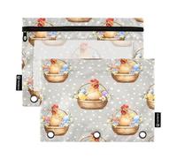 ALAZA Floral Basket Chicken Egg 3 Ring Binder Pouch Zipper Pencil Case 2 Pack Pen Stationery Bag with Clear Window for Kids School Office