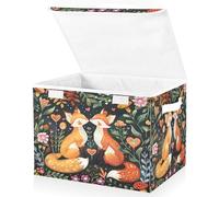 ALAZA Foldable Storage Boxes with Lids Fox Retro Floral Leaves Fabric Storage Box Baskets Toys Clothes Organiser Shelves Collapsible Wardrobe Storage Cube Bins