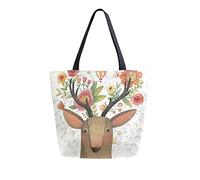 ALAZA Incredible Deer With Awesome Flowers Canvas Tote Bag Large Women Casual Shoulder Bag Handbag Floral Sloth Reusable Multipurpose Heavy Duty Shopping Grocery Cotton Bag for Mom