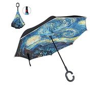 ALAZA Inverted Golf Umbrella Van Gogh Starry Night Galaxy UV Anti Windproof Reverse Folding Umbrellas with C-Shape Handle for Car Outdoor Travel