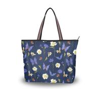 ALAZA Large Tote Bag, Women Shoulder Bag Big Capacity Casual Handbags, Blue Butterfly on White Daisy Flower Shopping Tote Bag with Pockets Zip,L