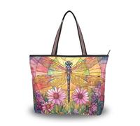 ALAZA Large Tote Bag, Women Shoulder Bag Big Capacity Casual Handbags, Dragonfly Flower Stained Glass Shopping Tote with Pockets Zip,L