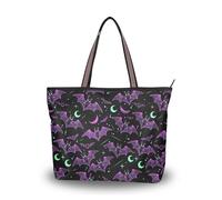 ALAZA Large Tote Bag, Women Shoulder Bag Big Capacity Casual Handbags, Neon Purple and Bats Stars and Moons Shopping Tote with Pockets Zip,L