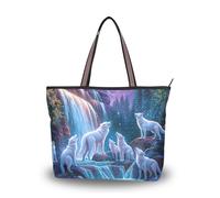 ALAZA Large Tote Bag, Women Shoulder Bag Big Capacity Casual Handbags, Waterfall Moon White Wolf Shopping Tote with Pockets Zip,L