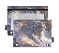 ALAZA Lightning Tiger Print 3 Ring Binder Pouch Zipper Pencil Case 2 Pack Pen Stationery Bag with Clear Window for Kids School Office