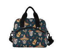 ALAZA Lunch Bags for Women Girls Boys, Mexican Sugar Skulls Peppers and Guitar Insulated Lunch Box with Shoulder Straps and Handle, Crossbody Tote Lunch Bag for School Office