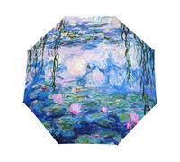 ALAZA Monet Claude Water Lilies Oil Painting Travel Umbrella Auto Open Close Windproof Waterproof Folding Umbrella Compact Canopy Easy Carrying