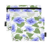 ALAZA Morning Glory Flower 3 Ring Binder Pouch Zipper Pencil Case 2 Pack Pen Stationery Bag with Clear Window for Kids School Office