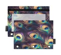 ALAZA Mysterious Peacock Feathers 3 Ring Binder Pouch Zipper Pencil Case 2 Pack Pen Stationery Bag with Clear Window for Kids School Office