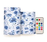 ALAZA Navy Blue Floral Flickering Flameless Candles Battery Operated with Remote Timer,Tea Light Candles LED Pillar Votive Candles Set of 2 for Outdoor Indoor Decorations