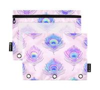 ALAZA Pastel Watercolor Peacock Feathers 3 Ring Binder Pouch Zipper Pencil Case 2 Pack Pen Stationery Bag with Clear Window for Kids School Office