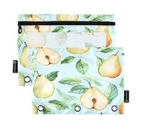 ALAZA Pear Fruit Green Leaf 3 Ring Binder Pouch Zipper Pencil Case 2 Pack Pen Stationery Bag with Clear Window for Kids School Office