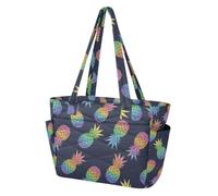 ALAZA Quilted Tote Bag for Women with Zipper,Doodle Tropical Fruit Pineapple Tote Handbag with Compartments, Lightweight Shoulder Bag for Women Travel Daily Gym