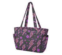 ALAZA Quilted Tote Bag for Women with Zipper,Leopard Print Lightning Pentagram Pattern Tote Handbag with Compartments, Lightweight Shoulder Bag for Women Travel Daily Gym