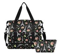 ALAZA Sports Duffle Bag with Shoe Compartment Waterproof Eifel Tower Paris and Roses Black Large Gym Bag for Men Women Training Holdall Bag for Fitness Football Travel Weekend Workout