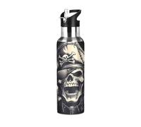 ALAZA Stainless Steel Water Bottle with Straw 600ml/20oz, Skeleton Pirate Beer Insulated Drink Flask Gym Sports Water Bottle for Kids Adults Boys Girls, Leakproof