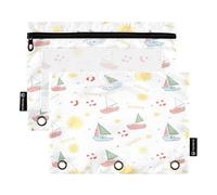 ALAZA Summer Boat Doodle Design 3 Ring Binder Pouch Zipper Pencil Case 2 Pack Pen Stationery Bag with Clear Window for Kids School Office