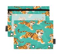 ALAZA Tiger Green 3 Ring Binder Pouch Zipper Pencil Case 2 Pack Pen Stationery Bag with Clear Window for Kids School Office