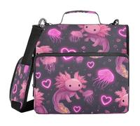 ALAZA Zipper Binder 3 Ring Glowing Love Heart Axolotl Binder Organizer with Zipper and Shoulder Strap Large Capacity Multi-Pocket Trapper Keeper File Folder for Office Supplies