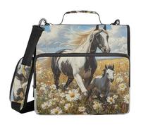 ALAZA Zipper Binder 3 Ring Horse in The Daisy Flower Field Binder Organizer with Zipper and Shoulder Strap Large Capacity Multi-Pocket Trapper Keeper File Folder for Office Supplies