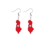 Albania Map Flag Earrings Stainless Steel Dangle Drop Earrings Albanian Eagle Jewellery Gift For Women Men (Silver Colour)