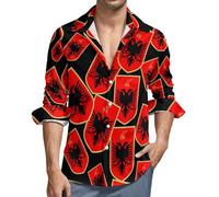 Albanian Flag Coat of Arms Men's Long Sleeve Shirts Button Down Casual Shirt with Pocket S