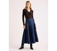Albaray Denim Pleated Drop Waist Midi A-Line Skirt Indigo