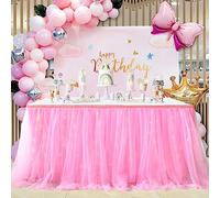 Albassa Pink Tulle Table Skirt for Rectangle or Round Tables 9ft Tutu Table Skirt with LED Light Baby Shower Tablecloth for Birthday Party Cake Dessert Table Decorations (L9(ft)*H 30in)