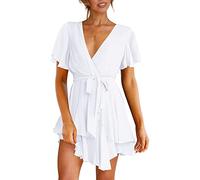 Albe Rita Women's Dress Deep V-Neck Short Sleeve Waist Tie Ruffle Mini Swing Skater Homecoming Dresses, White 01, Small