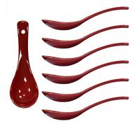 Albedel Dark Red 6 pcs Porcelain Soup Spoon Round-Bottom Asia Ceramic Rice Spoons Chinese Won Ton Spoons for Home Kitchen Restaurant