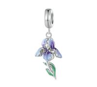 Alberello Sterling Silver Iris Flower Charm Pendant, Purple and Blue Enamel, Green Leaves