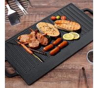Albert Austin Cast Iron Griddle Plate, 16 Inch Reversible Grill Pan with Flat and Ridged Cooking Sides, Non Stick BBQ Hot Plate for Oven, Open Fire, Camping, Eggs, Bacon and Steaks