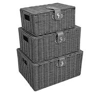 ALBERT AUSTIN Storage Baskets for Shelves, Rattan Storage Box | Storage Basket Sets Various Sized | Home Décor Wicker Basket With Lid For Bathroom, Kitchen, Home Decor (Grey)