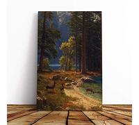 Albert Bierstadt Group of Deer Beside a Lake Canvas Print | Gallery Wrapped 30mm Frame Wall Art | 20x14 inches | Ready to Hang | Modern Animals Picture | Living Room Bedroom Lounge Office