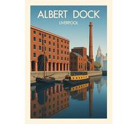 Albert Dock Liverpool Vintage Travel Art Print, Retro Harbour Scene with Boats. Size A4