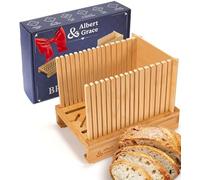 Albert&Grace Bamboo Bread Slicer for Homemade Bread - Adjustable Widht Slicing Guides, Compact & Foldable Loaf Cutter for Perfect Slices & Halving Bagels