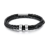 ALBERTBAND Men Bracelet Black Personalized Birthstones Bracelets Silver Leather Bracelet Ladies with Engraving 1-5 Names Friendship Family Gifts Silver Charm Bracelet (2 names-21.5cm)